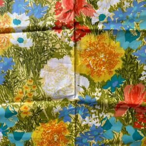 Vintage Mid Century Fabric remnant mod floral blue green yellow flower power